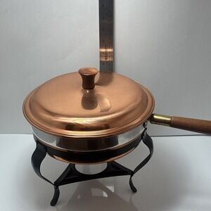 Vintage Copper & Brass Chafing Dish with Wood Handles and Stand – Classic Warmer